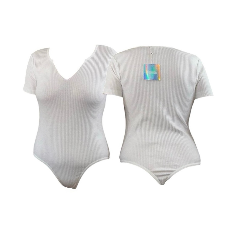 White Ribbed Notch-Neck Short Sleeve Bodysuit